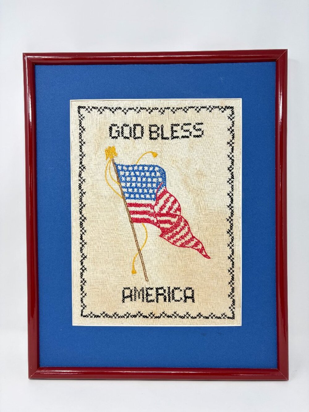 Vintage Cross Stitch Framed Picture "God Bless America" USA Flag Red White Blue